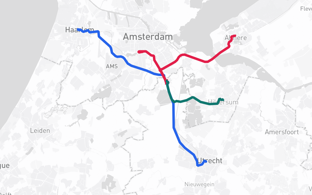 Map of the Amsterdam region with three driving routes meeting at one restaurant; everyone drives about the same: Mia 28 minutes, Noah 28 minutes, Sara 20 minutes.